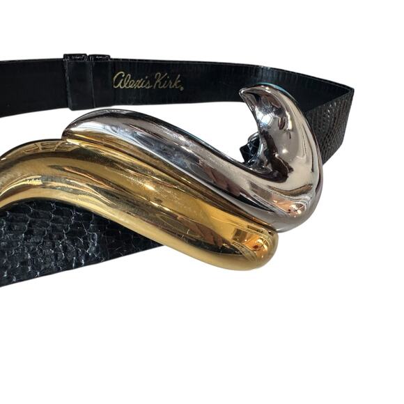 Vtg Alexis Kirk Belt Wave Buckle Gold Silver Black Snake Leather Sculptural 80s main image 4
